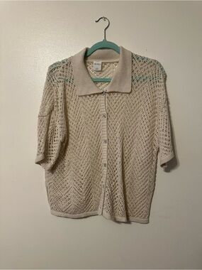 Open-Knit Collared Button-Up Sweater - Cream